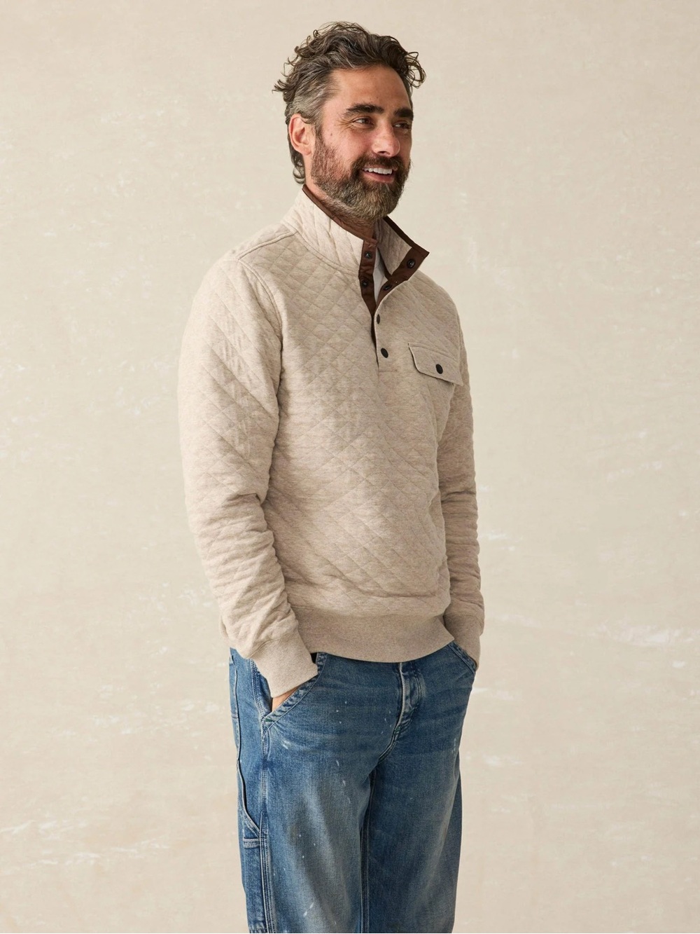 Faherty Epic Quilted Fleece Pullover - Oatmeal Melange Brown Size XL